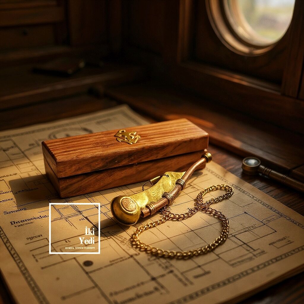 Curtis Pirinç Gemici Düdüğü – Çapa Motifli Silistre Düdük, Gül Ağacı Kutulu Antika Denizcilik Dekoru