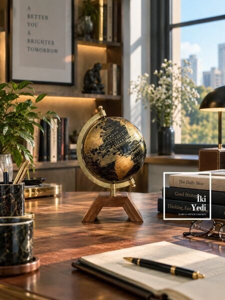 Wong Siyah Gold Dünya Küresi Ahşap Ayaklı Ofis Masaüstü Dekoratif Aksesuar Hediyelik Dekor Objesi
