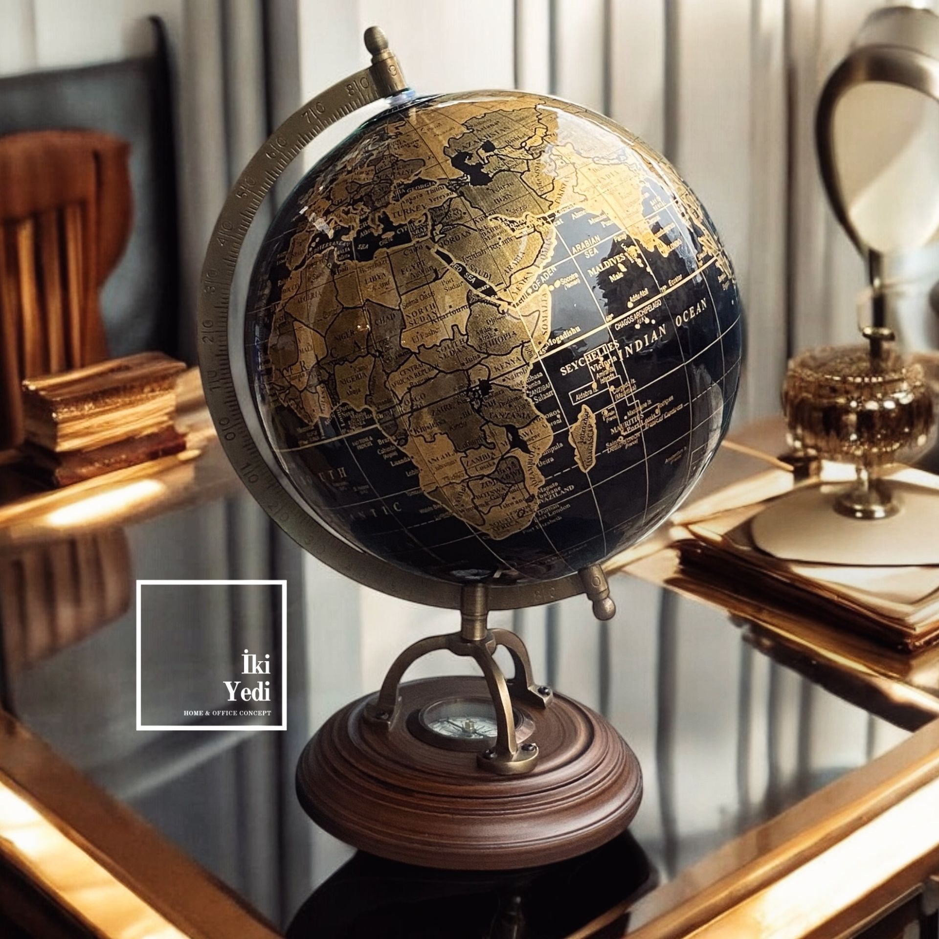 Faulkner Ahşap Ayaklı Dünya Küresi, Pusulalı Gold Siyah Yerküre, Ofis Ev Dekoratif Hediyelik