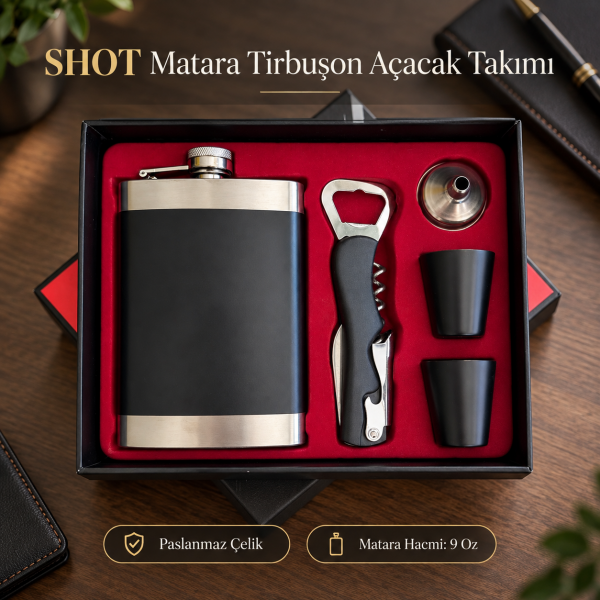 Alabama 9 Oz Paslanmaz Çelik Matara Tirbuşon Açacak Takımı 2 Shot Kadeh Huni Kutulu Hediyelik Seti