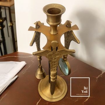 Nanterre Deri Kaplama Şamdan Mumluk Tasarım Mektup Zarf Açacağı Büyüteç Pirinç Antika Lüks Masa Üstü Aksesuar Ofis Hediyesi Hediyelik
