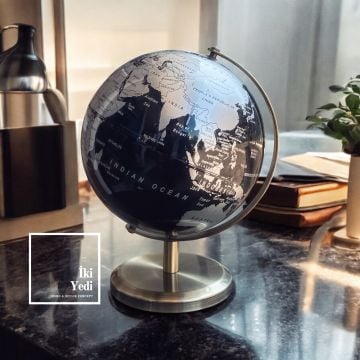 Osmond Siyah Gümüş Detaylı Dünya Küresi, Masaüstü Dekoratif Yerküre, Şık Ofis Hediyesi