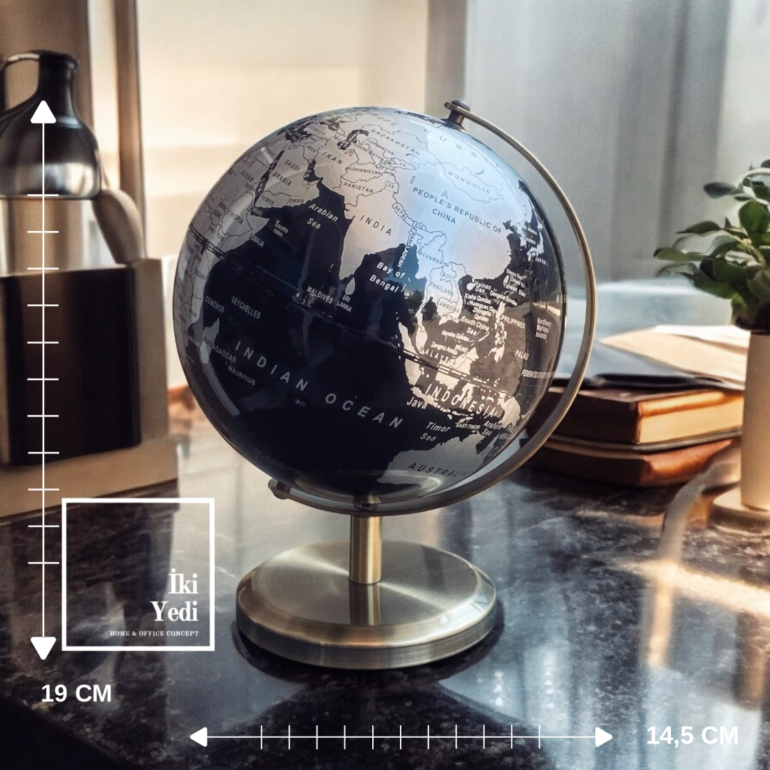 Osmond Siyah Gümüş Detaylı Dünya Küresi, Masaüstü Dekoratif Yerküre, Şık Ofis Hediyesi
