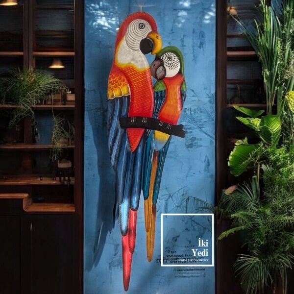 Piko 100 cm El Yapımı Renkli Ahşap Papağan Duvar Süsü Tropikal Dekoratif Duvar Dekorasyonu