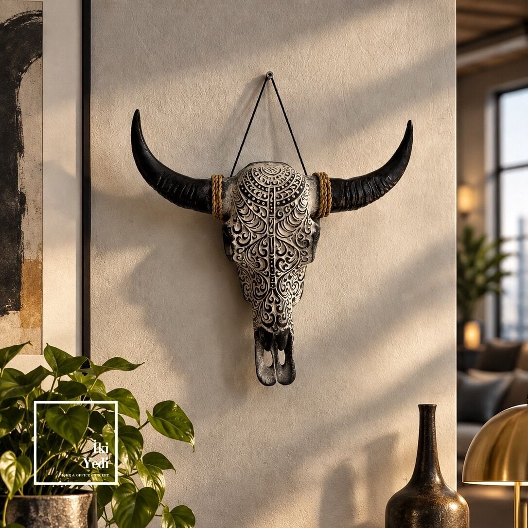 Solvarna Kadim Mühür: Otantik Oyma Boğa Kafatası Duvar Dekoru Lotus Sembollü Duvar Objesi Polyester