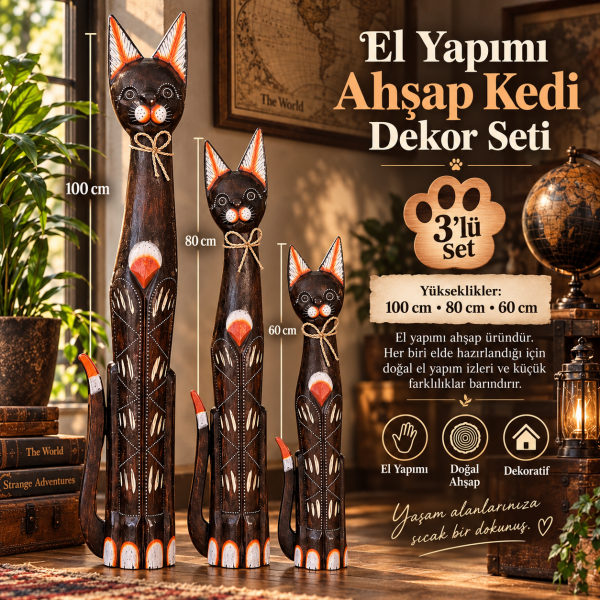 Tizzy 771 El Yapımı Ahşap Kedi Biblo Seti 3'lü Dekoratif Zemin Heykeli (100-80-60 cm) - Koyu Kahve