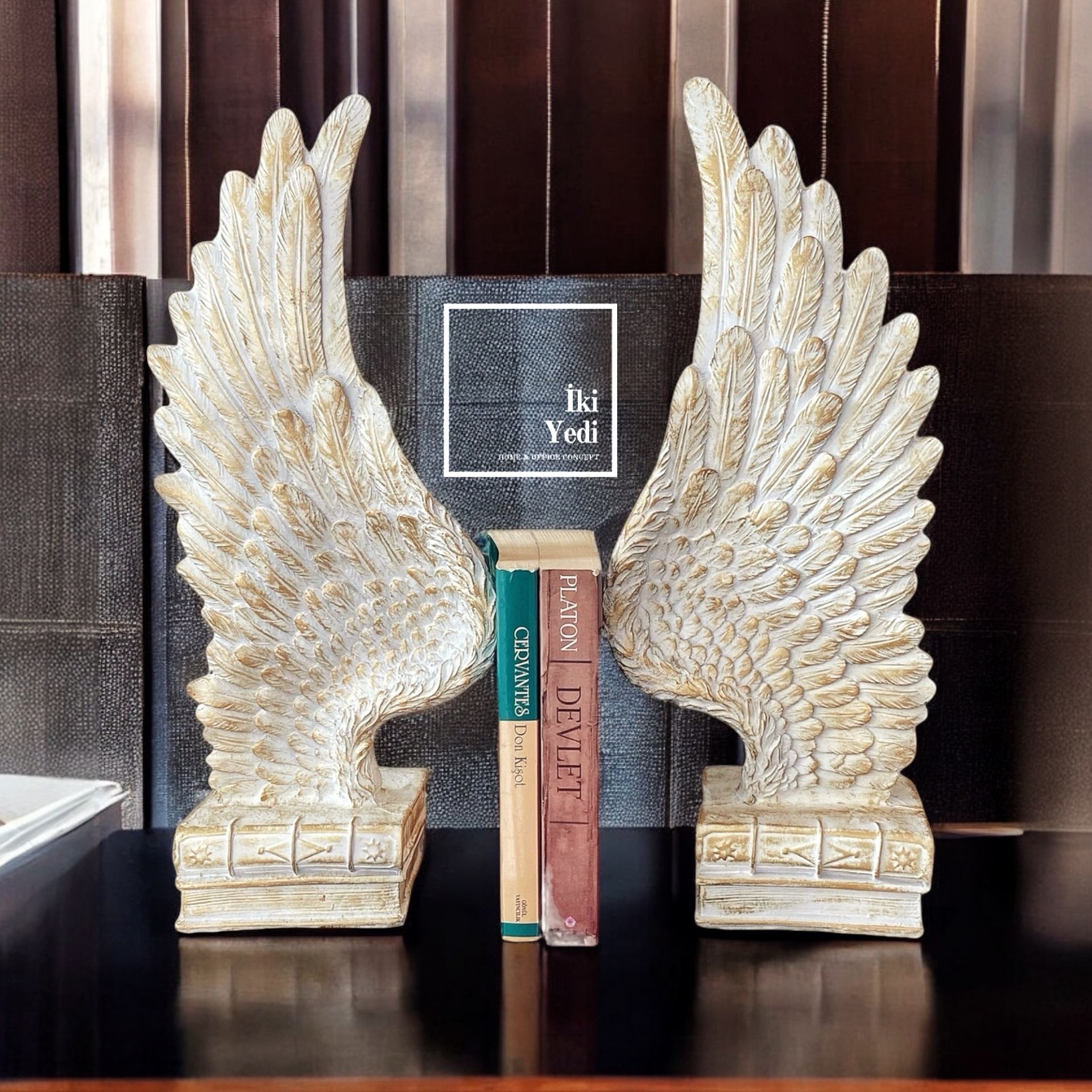 Melek Kanatlı Kitap Tutucu Seti – Retro Tarz Dekoratif Kitaplık Aksesuarı, Ev Ofis Hediyelik