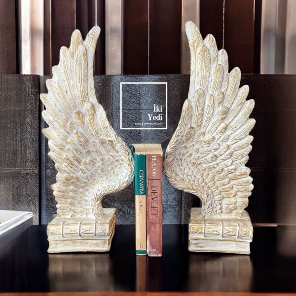 Melek Kanatlı Kitap Tutucu Seti – Retro Tarz Dekoratif Kitaplık Aksesuarı, Ev Ofis Hediyelik