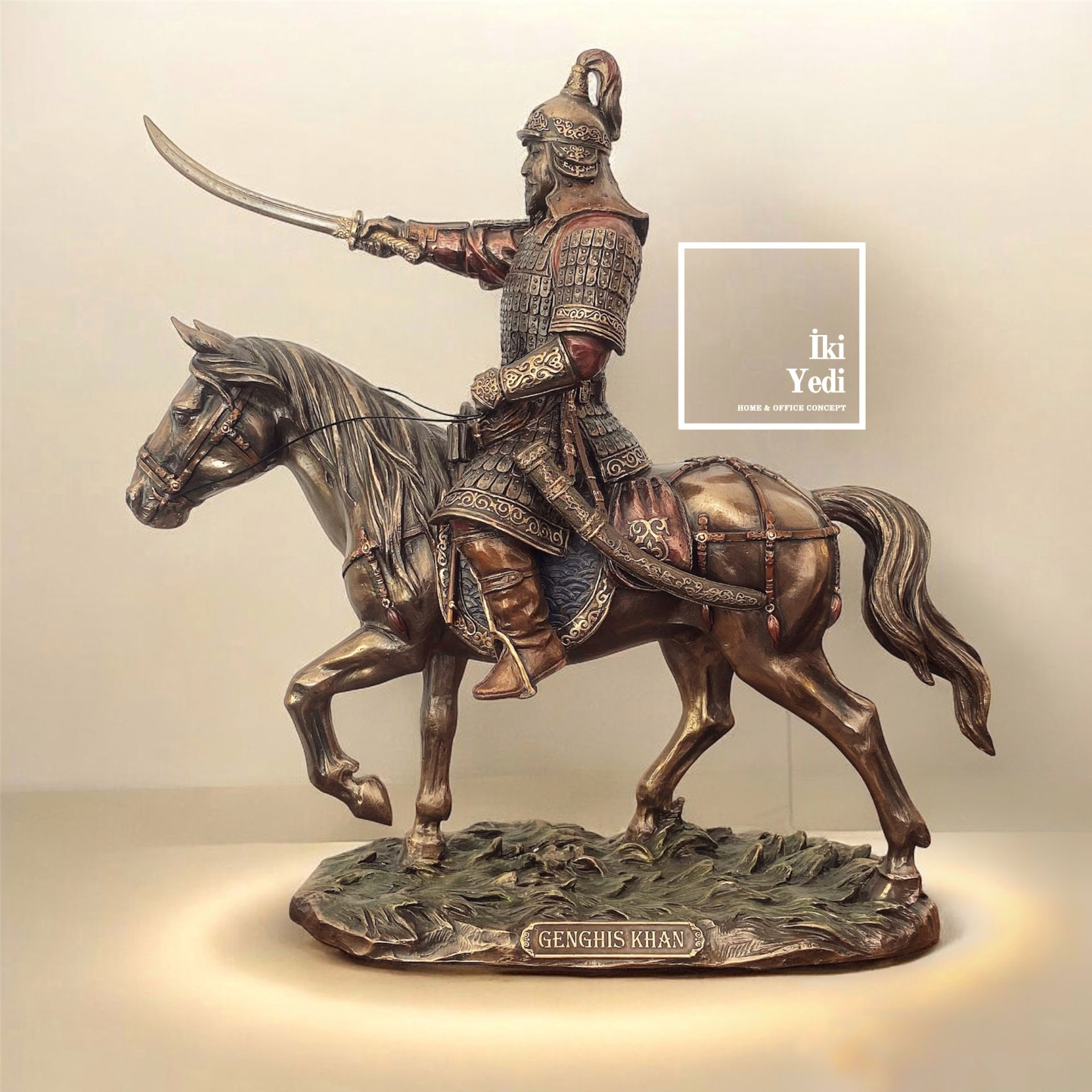 Veronese Cengizhan Heykeli 35 cm Bronz Biblo – Moğol Komutan Figürü, Ofis Lüks Hediyelik Obje