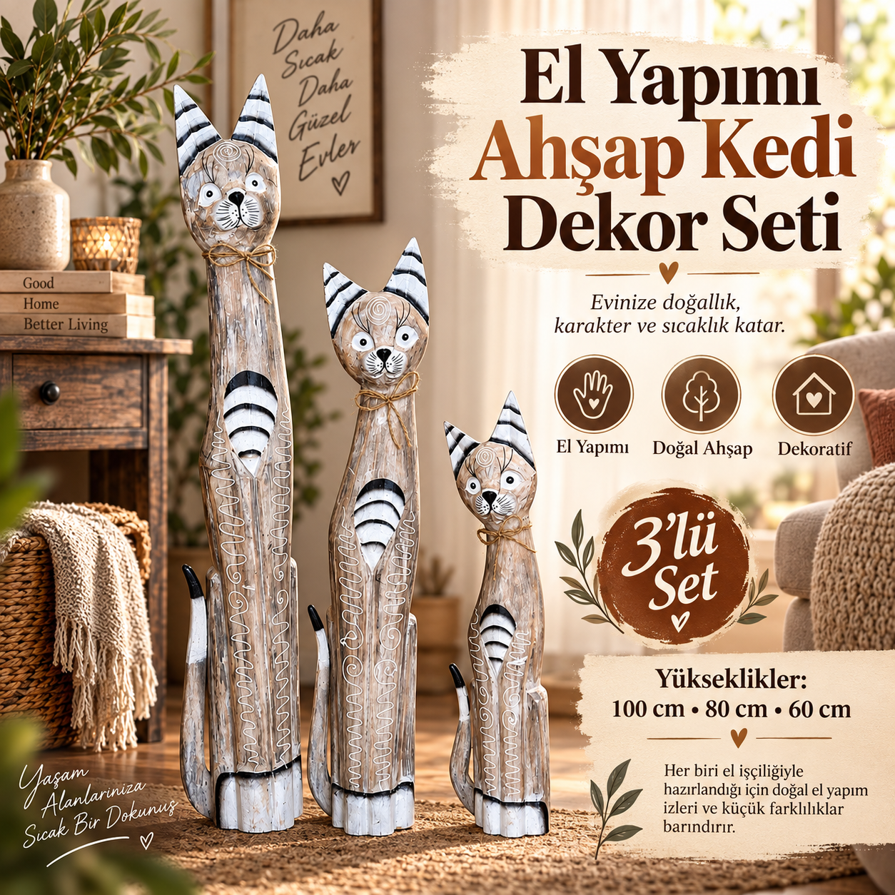 Tizzy 772 El Yapımı Açık Renk Ahşap Kedi Seti 3'lü Boho Dekoratif Biblo Heykel (100-80-60 cm) Obje