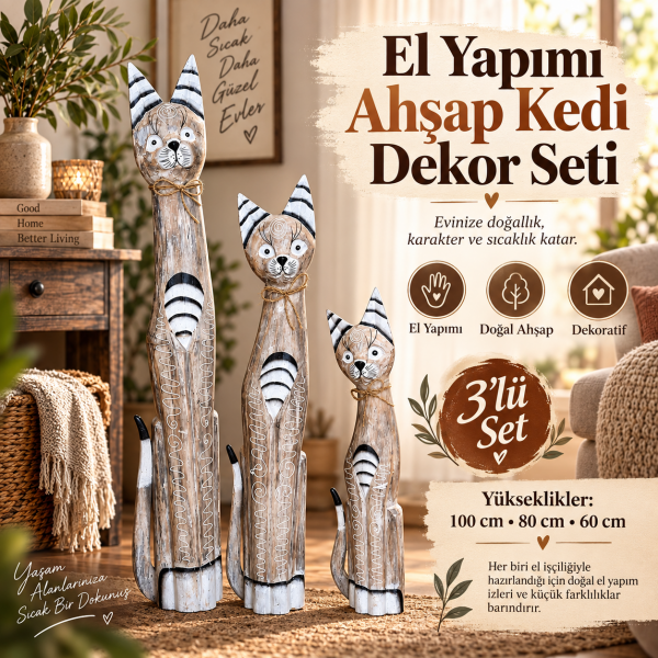 Tizzy 772 El Yapımı Açık Renk Ahşap Kedi Seti 3'lü Boho Dekoratif Biblo Heykel (100-80-60 cm) Obje