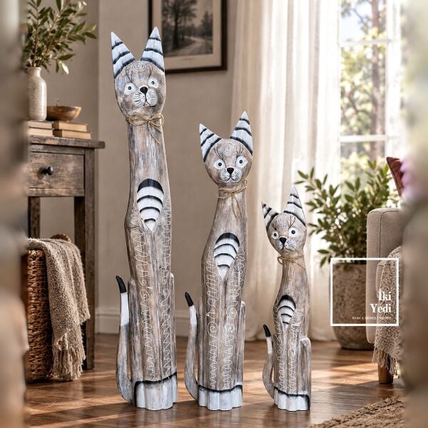 Tizzy 772 El Yapımı Açık Renk Ahşap Kedi Seti 3'lü Boho Dekoratif Biblo Heykel (100-80-60 cm) Obje