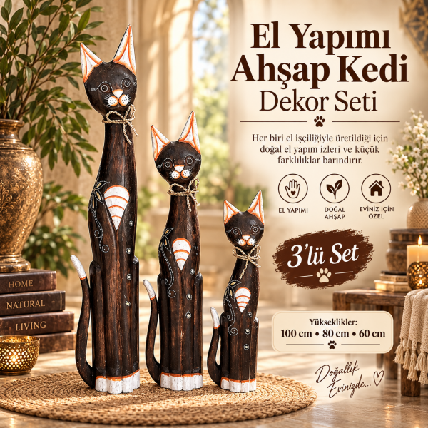 Tizzy 773 El Yapımı Motifli Ahşap Kedi Biblo Seti 3'lü Salon Zemin Dekoru 100-80-60 cm Heykel obje