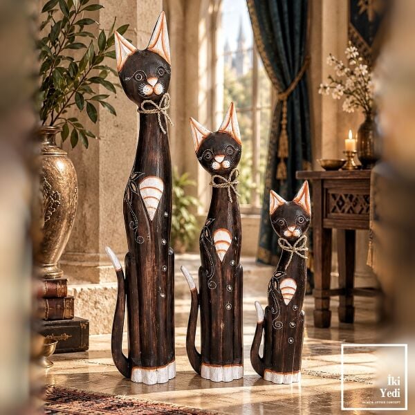 Tizzy 773 El Yapımı Motifli Ahşap Kedi Biblo Seti 3'lü Salon Zemin Dekoru 100-80-60 cm Heykel obje