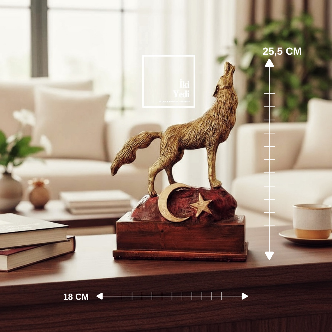 Uluyan Kurt Heykeli Ayyıldızlı Türk Bayraklı Bozkurt Biblosu Ev Ofis Büro Dekorasyonu İş Hediyesi