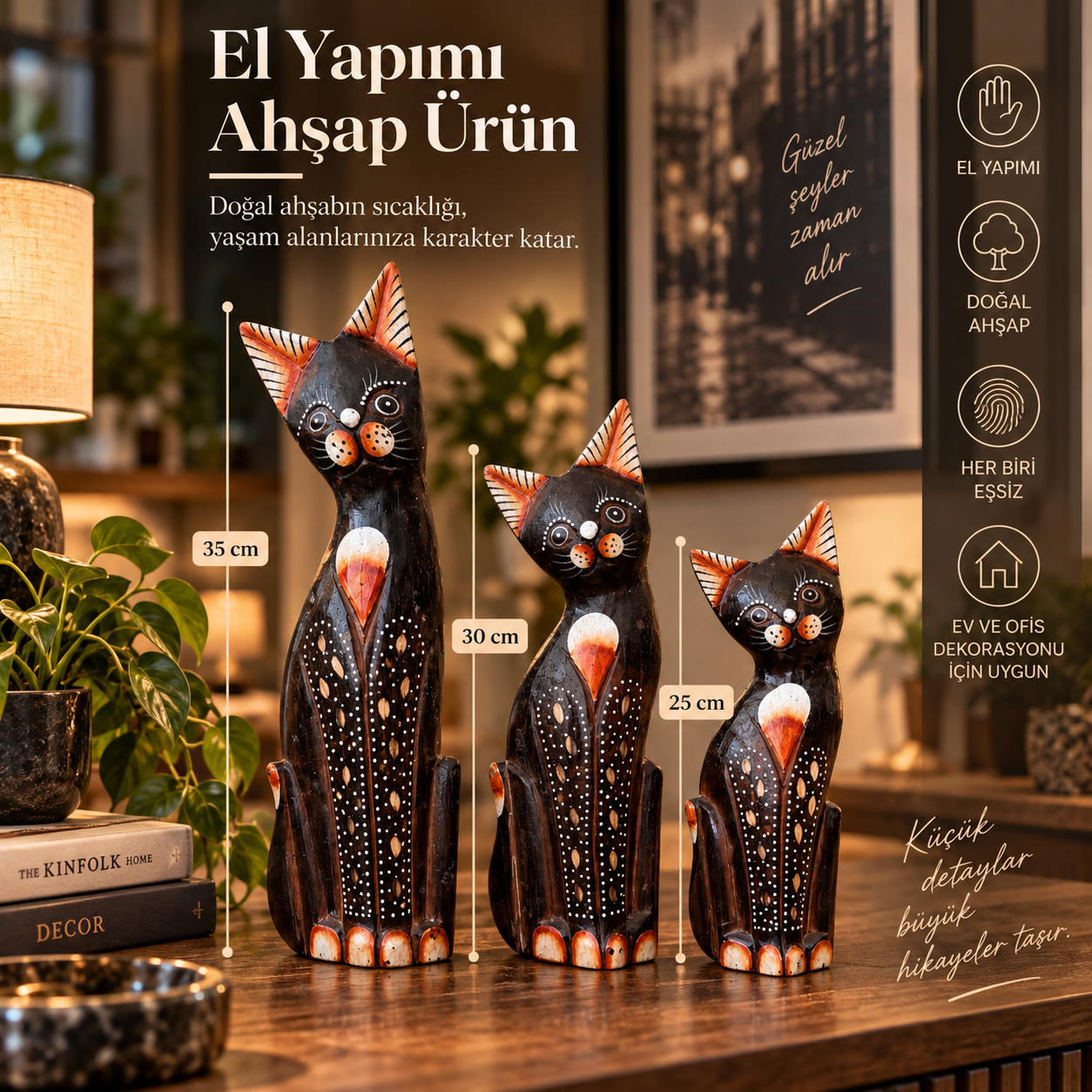 Tizzy 771 El Yapımı Ahşap Kedi Biblo Seti 3'lü Masaüstü Dekoratif Obje (35-30-25 cm) - Koyu Kahve