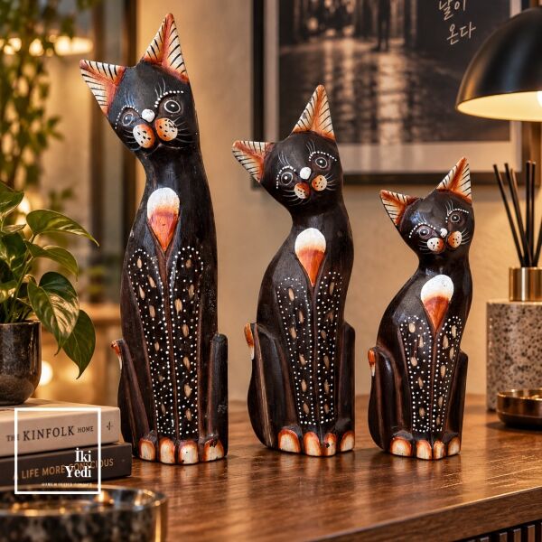 Tizzy 771 El Yapımı Ahşap Kedi Biblo Seti 3'lü Masaüstü Dekoratif Obje (35-30-25 cm) - Koyu Kahve