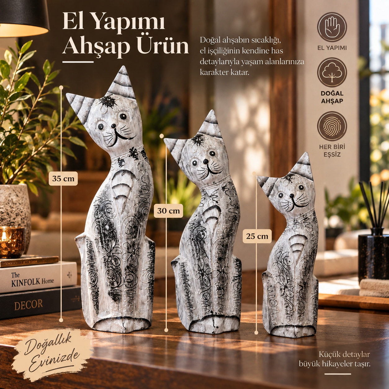 Tizzy 772 El Yapımı Açık Renk Ahşap Kedi Biblo Seti 3'lü Boho Masaüstü Objesi (35-30-25 cm) Heykel