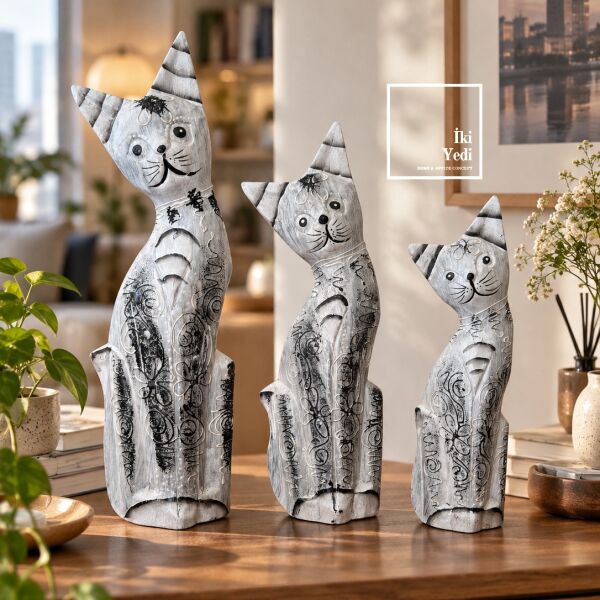 Tizzy 772 El Yapımı Açık Renk Ahşap Kedi Biblo Seti 3'lü Boho Masaüstü Objesi (35-30-25 cm) Heykel
