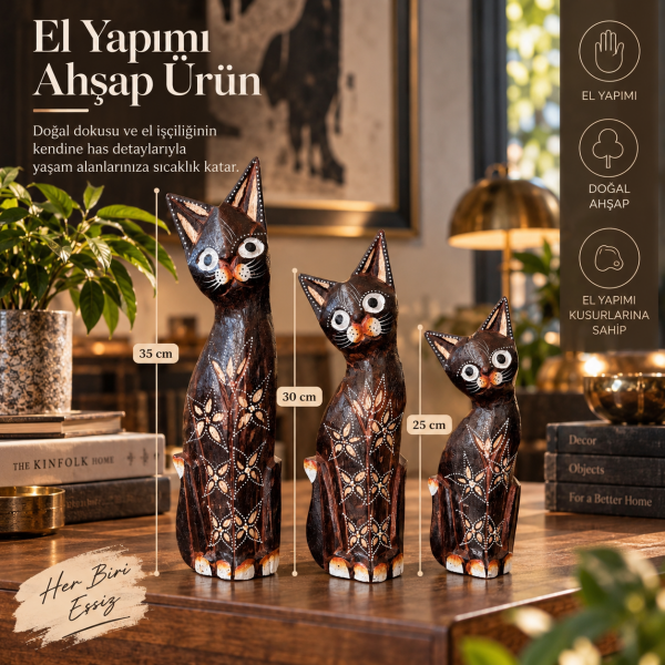 Tizzy 773 El Yapımı Motifli Ahşap Kedi Biblo Seti 3'lü Konsol Üstü Dekoratif Obje (35-30-25 cm) Şık