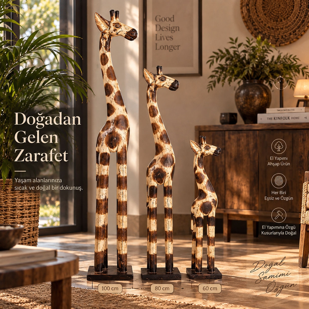 Giraffes 771 Tizzy El Yapımı Ahşap Zürafa Biblo Seti 3'lü Dekoratif Zemin Heykeli (100-80-60 cm)