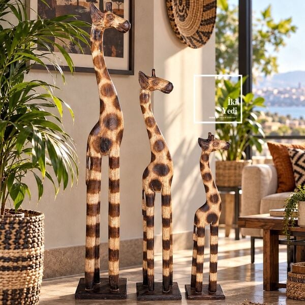 Giraffes 771 Tizzy El Yapımı Ahşap Zürafa Biblo Seti 3'lü Dekoratif Zemin Heykeli (100-80-60 cm)