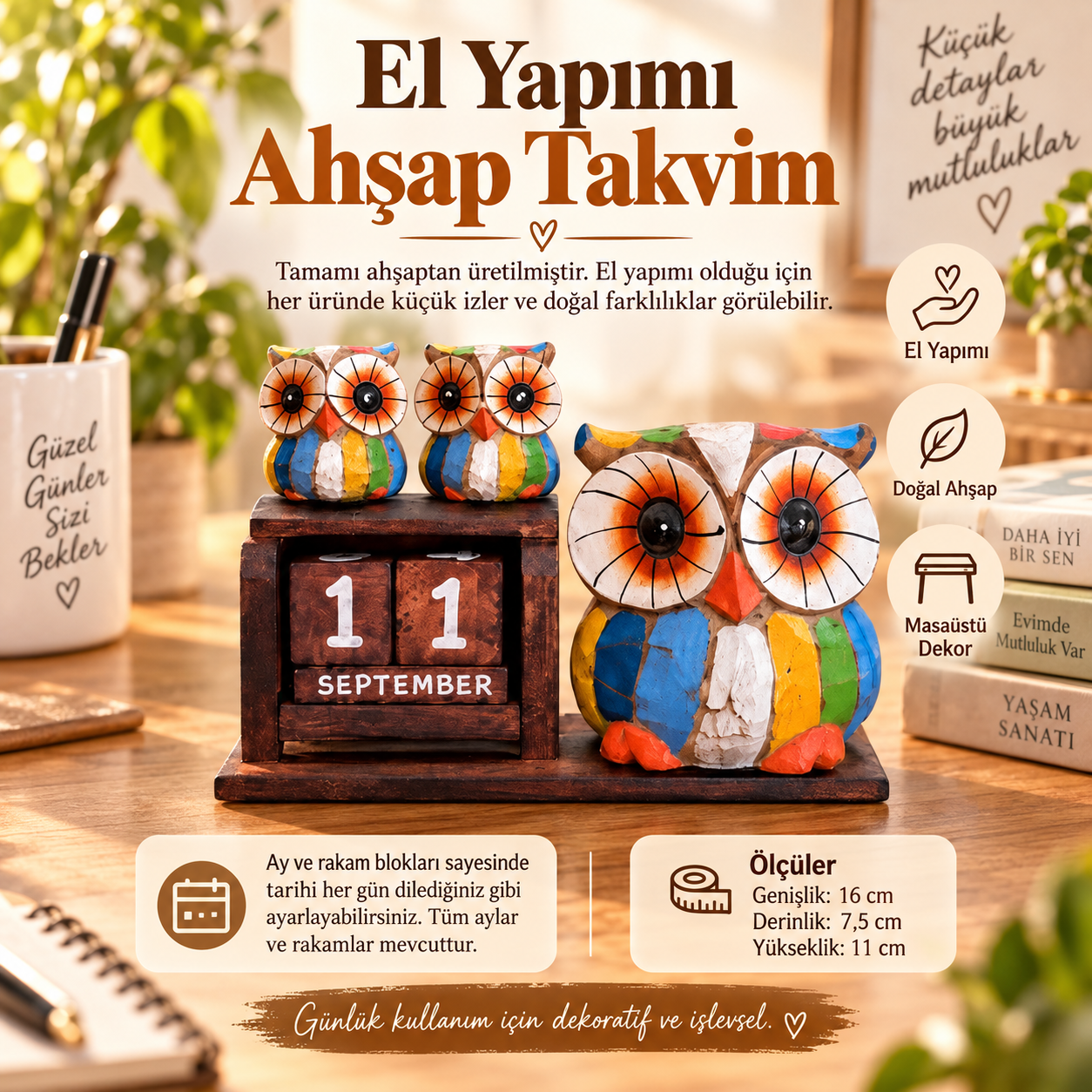 El Yapımı Ahşap Baykuş Masa Takvimi Süresiz Dekoratif Masaüstü Obje (16x11 cm) Otantik Hediyelik