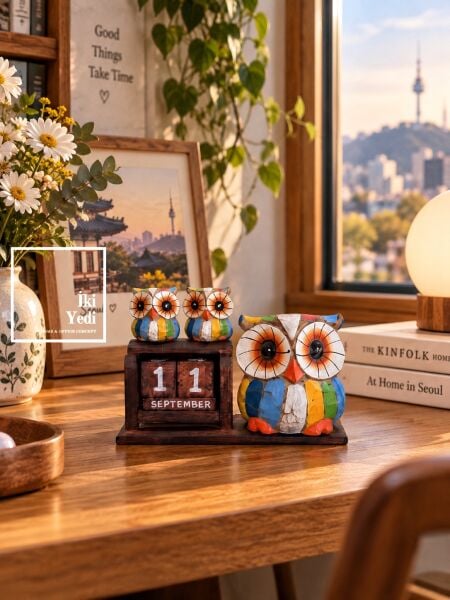 El Yapımı Ahşap Baykuş Masa Takvimi Süresiz Dekoratif Masaüstü Obje (16x11 cm) Otantik Hediyelik