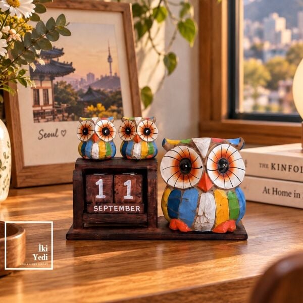 El Yapımı Ahşap Baykuş Masa Takvimi Süresiz Dekoratif Masaüstü Obje (16x11 cm) Otantik Hediyelik