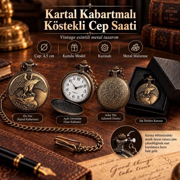 Kartal Kabartmalı Köstekli Cep Saati Vintage Metal Kurmalı Erkek Hediye Seti Özel Kutulu Antik Stil