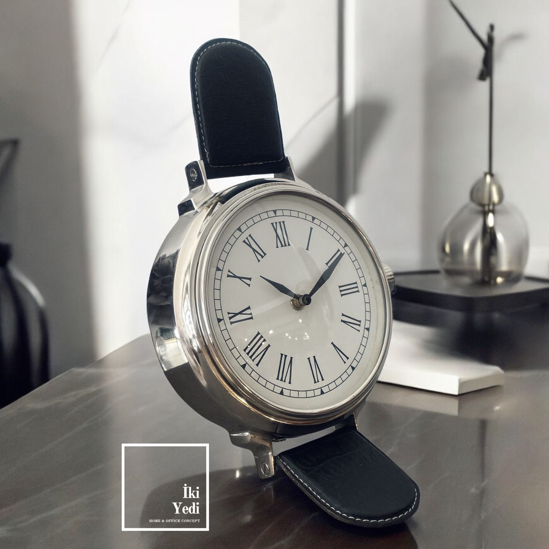 London 77-1 Antika Kol Saati Görünümlü Masa Saati, 30 cm Krom Metal Eskitme Ofis Hediyelik Obje