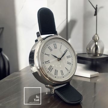 London 77-1 Antika Kol Saati Görünümlü Masa Saati, 30 cm Krom Metal Eskitme Ofis Hediyelik Obje