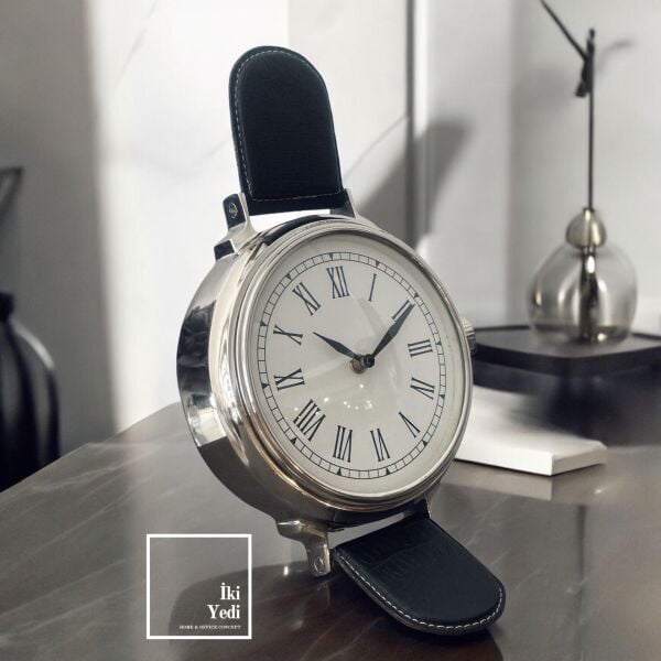 London 77-1 Antika Kol Saati Görünümlü Masa Saati, 30 cm Krom Metal Eskitme Ofis Hediyelik Obje