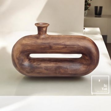 Ngolo Modern Ahşap Görünümlü Dekoratif Vazo – Minimalist Ev ve Ofis Aksesuarı Hediyelik Eşya Obje