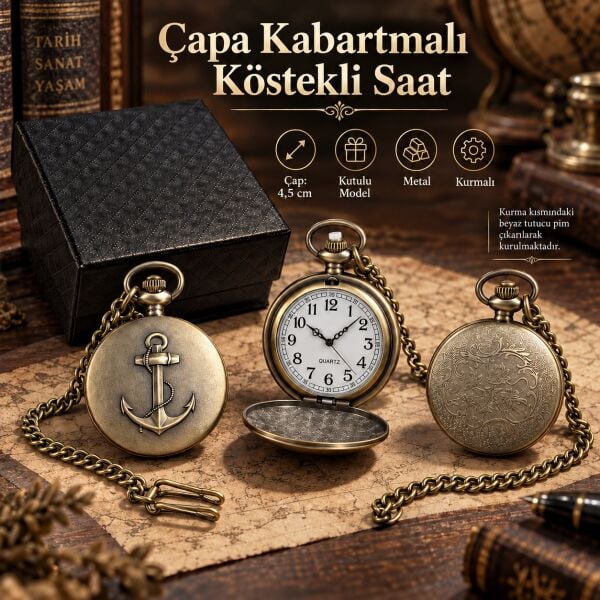Çapa Kabartmalı Köstekli Cep Saati Vintage Denizci Temalı Kurmalı Metal Hediye Seti Özel Şık Kutulu