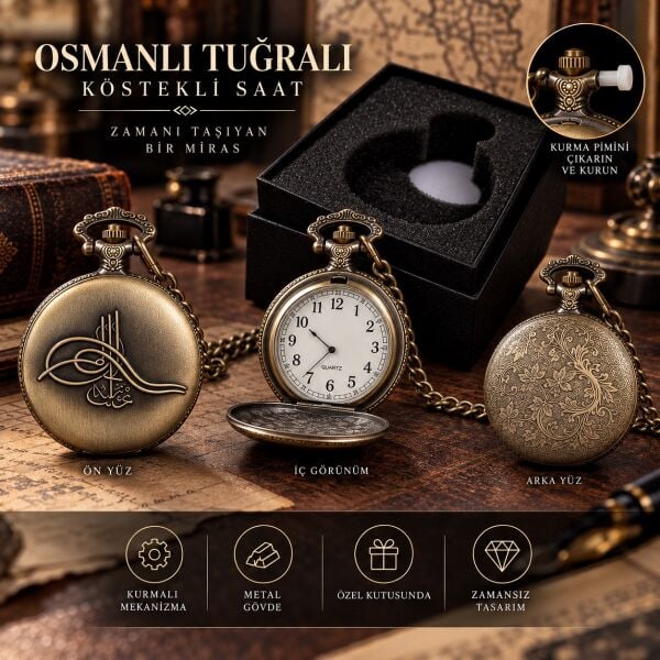 Osmanlı Tuğralı Köstekli Cep Saati Vintage Antika Model Kurmalı Metal Erkek Hediye Seti Kutulu Saat