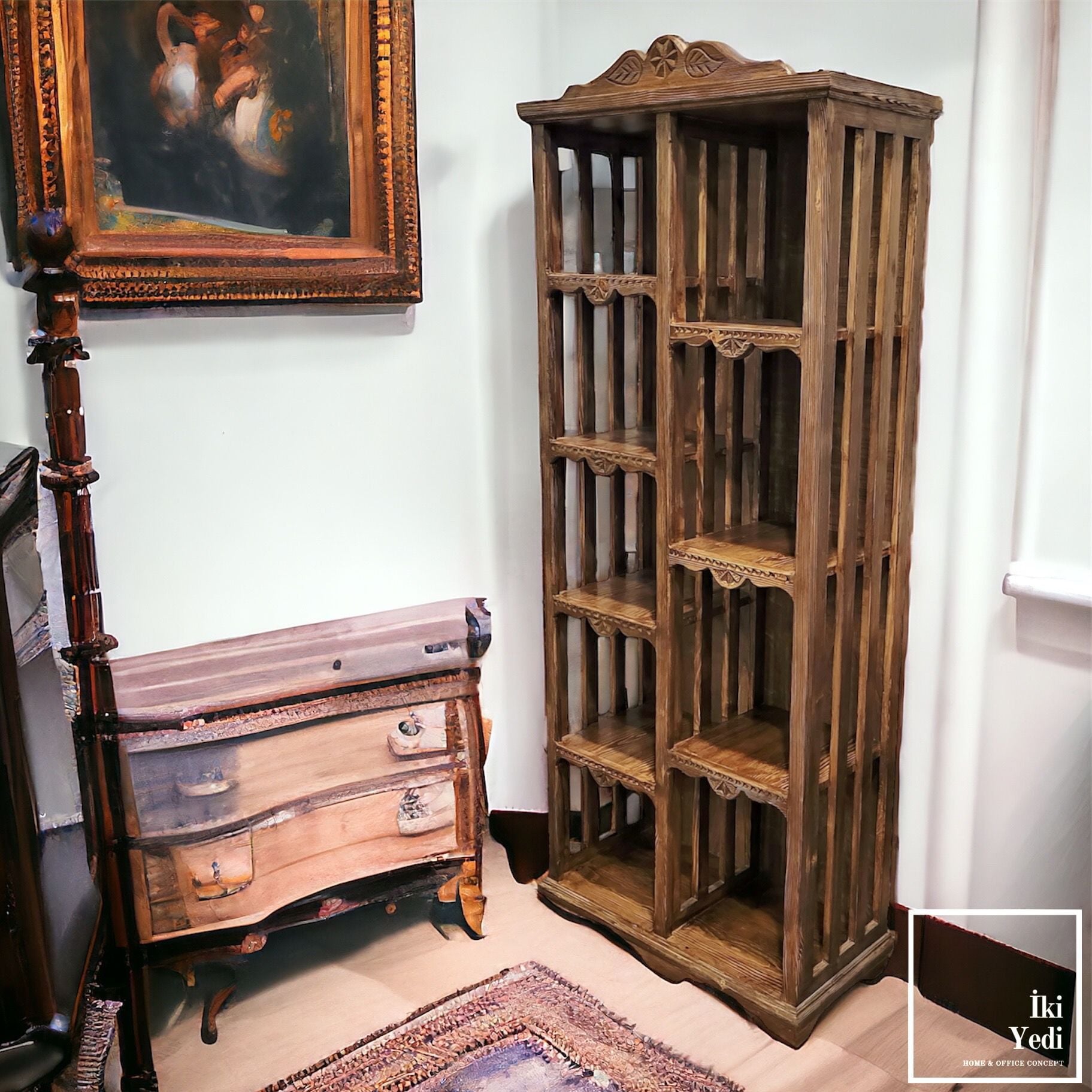 Jasmine Masif Ağaç Kitaplık Ahşap Kütüphane El Oyması Oymalı Raflı Dolap Wood Furniture Ev Ofis Büro Mobilyaları