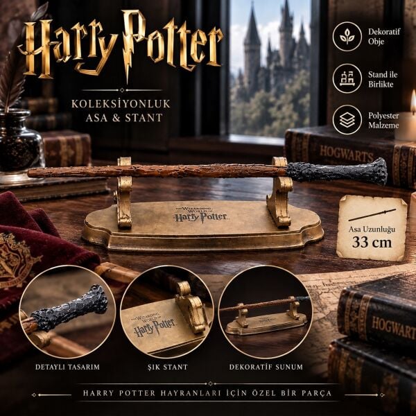 Harry Potter 33 cm Standlı Sihirli Asa Dekoratif Masa Üstü Objesi Hediyelik Aksesuar Fantastik Büyü