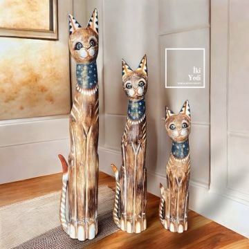 Tizzy 100 cm 3’lü Ahşap Kedi Figürü Takımı – Ceviz Renk, Otantik Ev Ofis Dekoru Hediyelik Ağaç Oyma