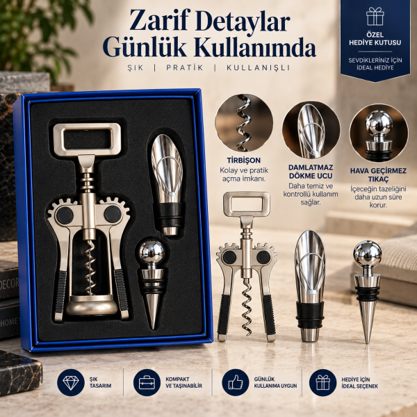 Della Tirbuşon Şarap Açacağı Seti 3'lü Şişe Tıpası Damlatmaz Dökme Ucu Özel Kutusunda Mutfak Hediye
