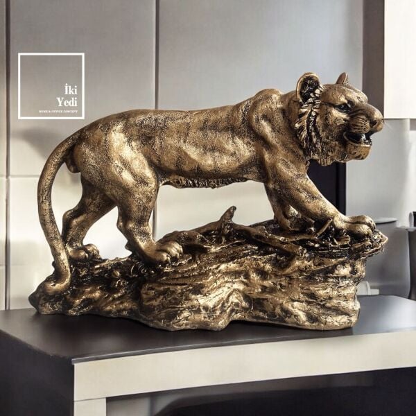 Luluan Dekoratif 60 cm Kaplan Heykeli | Lüks Ofis ve Ev Aksesuarı | Altın Renk Biblo Heykel Hediye
