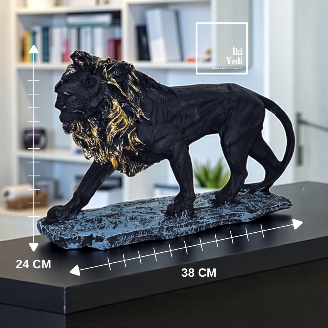 Zakaria Dekoratif Aslan Heykeli | Altın Yeleli Siyah Aslan Biblo | Ev ve Ofis İçin Hediyelik Eşya