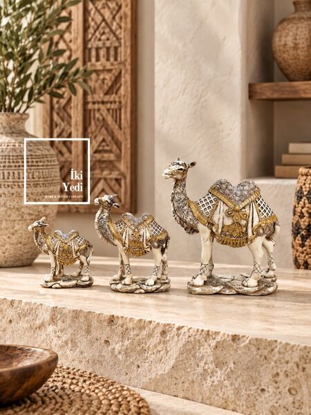 3'lü Krem Gold Deve Biblo Seti 772 Patinalı Eskitme Dekoratif Heykel Masa Üstü Objesi Ev Hediyesi