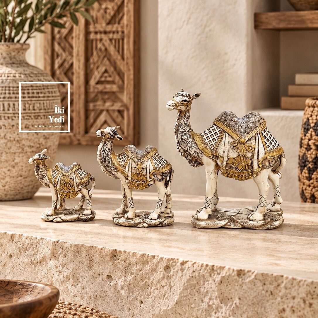 3'lü Krem Gold Deve Biblo Seti 772 Patinalı Eskitme Dekoratif Heykel Masa Üstü Objesi Ev Hediyesi