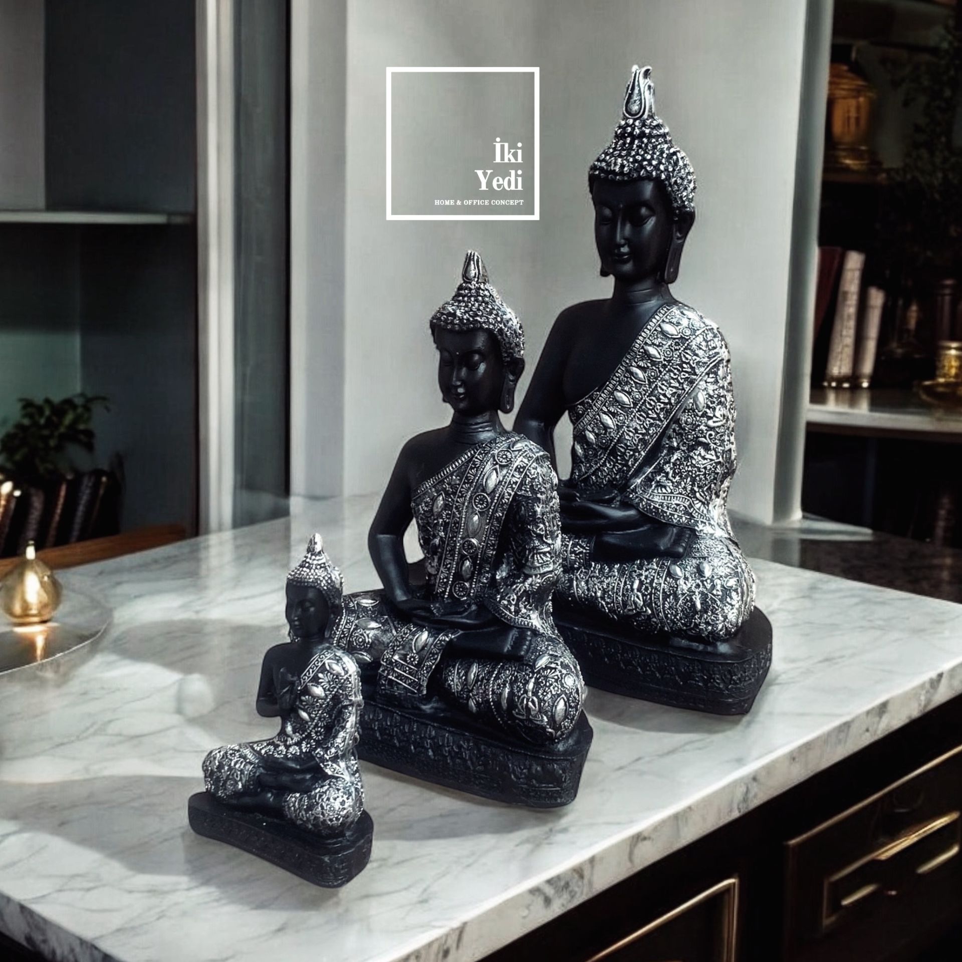 42 cm Siyah Gümüş İşlemeli Buda Heykeli Seti | Zen Dekorasyon Objesi | Ev ve Ofis İçin Ruhsal Huzur