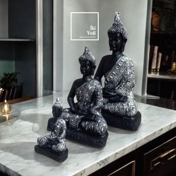 42 cm Siyah Gümüş İşlemeli Buda Heykeli Seti | Zen Dekorasyon Objesi | Ev ve Ofis İçin Ruhsal Huzur
