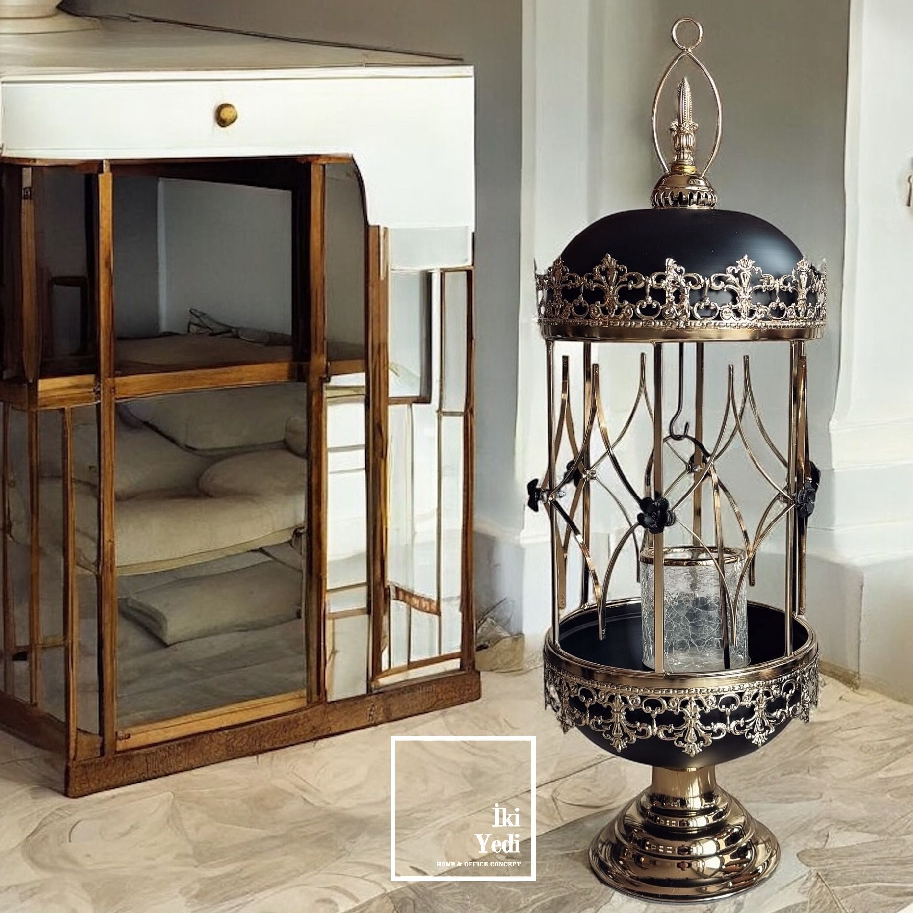 Aberdin 77-3 Dev Metal Mumluk 80 cm Lüks Dekoratif Eşya VIP Hediyelik Ev Hediyesi Büyük Şamdan Fener Ofis Ev Dekorasyonu