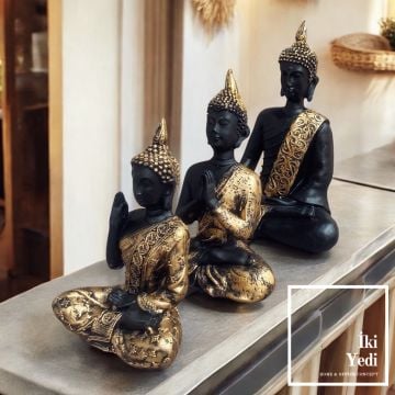 28 cm Siyah Altın İşlemeli Buda Heykeli Seti | Meditasyon ve Zen Dekorasyonu | Ev ve Ofis Objesi