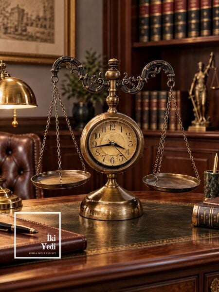Justitia’nın Zaman Terazisi Adalet Terazisi Masa Saati Avukat ve Hukuk Bürosu Hediyesi (43,5x48 cm)