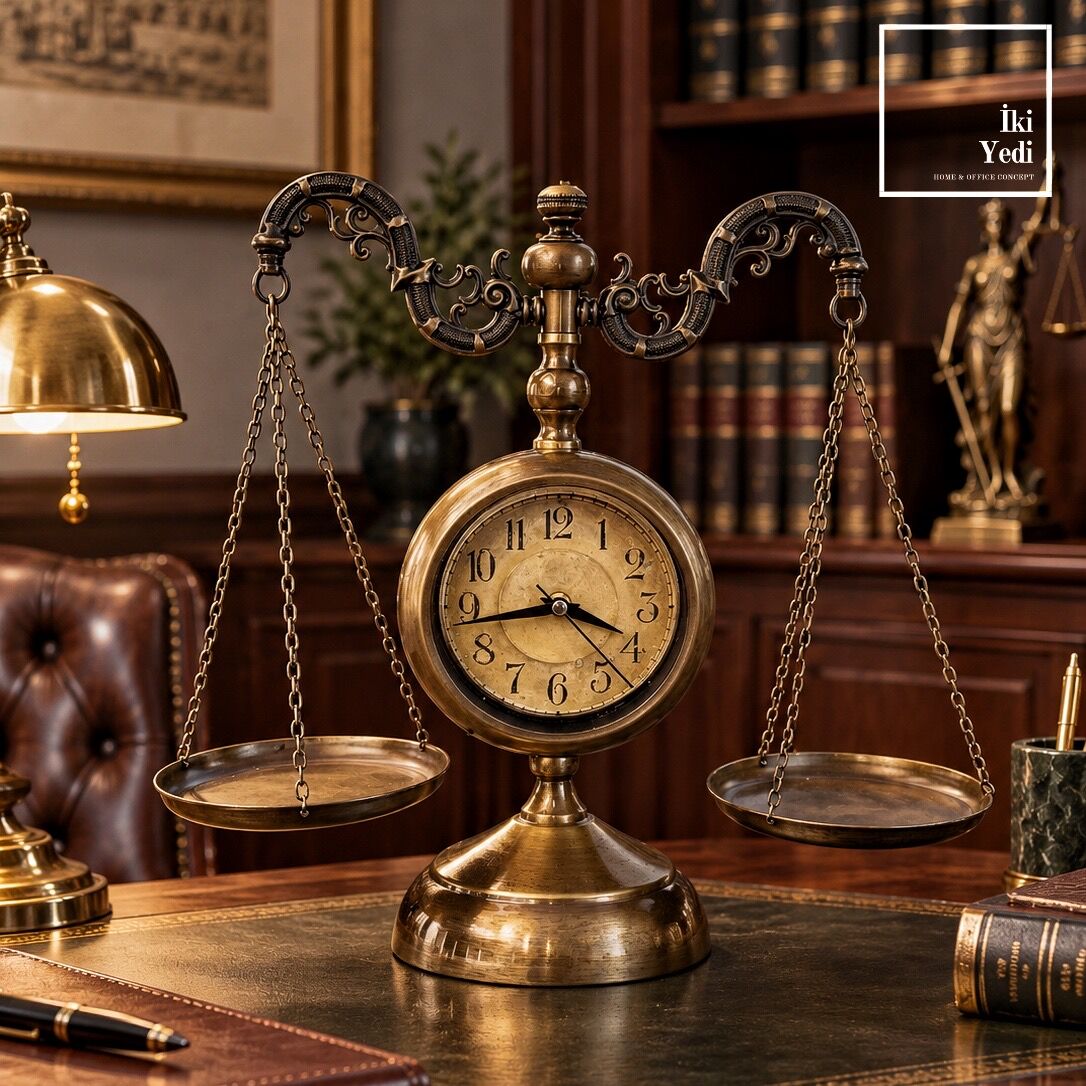 Justitia’nın Zaman Terazisi Adalet Terazisi Masa Saati Avukat ve Hukuk Bürosu Hediyesi (43,5x48 cm)